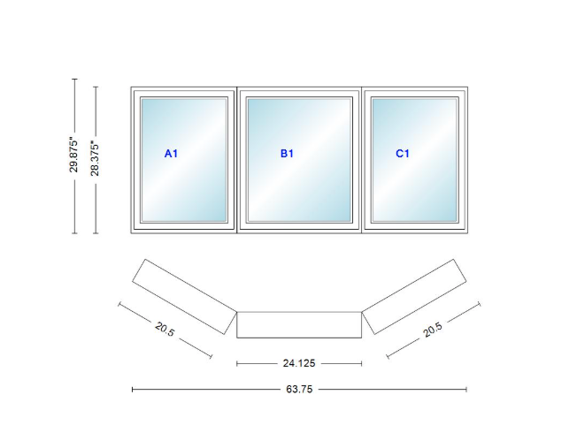 Andersen 400 Series Casement Bay Window Left-Stationary-Right 63 3/4" Wide Casement With Casement Flankers 30 Degree Angle Of Deflection Vinyl Exterior Wood Interior Low-E4 Dual Pane Argon Gas