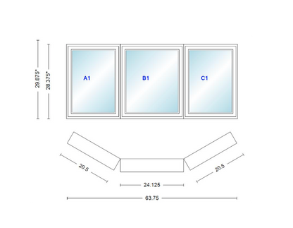 Andersen 400 Series Casement Bay Window Left-Stationary-Right 63 3/4" Wide Casement With Casement Flankers 30 Degree Angle Of Deflection Vinyl Exterior Wood Interior Low-E4 Dual Pane Argon Gas
