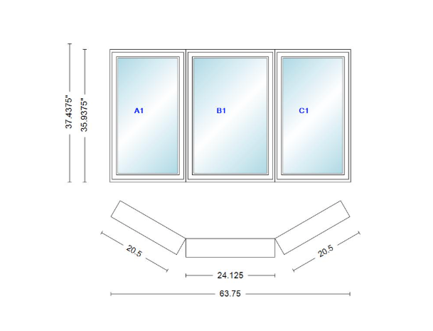 Andersen 400 Series Casement Bay Window Left-Stationary-Right 63 3/4" Wide Casement With Casement Flankers 30 Degree Angle Of Deflection Vinyl Exterior Wood Interior Low-E4 Dual Pane Argon Gas