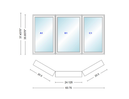 Andersen 400 Series Casement Bay Window Left-Stationary-Right 63 3/4" Wide Casement With Casement Flankers 30 Degree Angle Of Deflection Vinyl Exterior Wood Interior Low-E4 Dual Pane Argon Gas