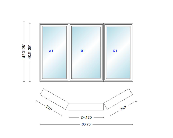 Andersen 400 Series Casement Bay Window Left-Stationary-Right 63 3/4" Wide Casement With Casement Flankers 30 Degree Angle Of Deflection Vinyl Exterior Wood Interior Low-E4 Dual Pane Argon Gas