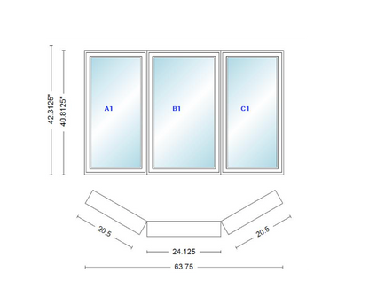 Andersen 400 Series Casement Bay Window Left-Stationary-Right 63 3/4" Wide Casement With Casement Flankers 30 Degree Angle Of Deflection Vinyl Exterior Wood Interior Low-E4 Dual Pane Argon Gas