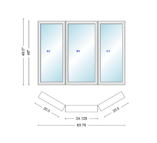 Andersen 400 Series Casement Bay Window Left-Stationary-Right 63 3/4" Wide Casement With Casement Flankers 30 Degree Angle Of Deflection Vinyl Exterior Wood Interior Low-E4 Dual Pane Argon Gas