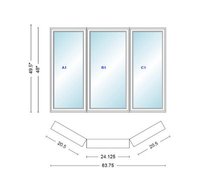 Andersen 400 Series Casement Bay Window Left-Stationary-Right 63 3/4" Wide Casement With Casement Flankers 30 Degree Angle Of Deflection Vinyl Exterior Wood Interior Low-E4 Dual Pane Argon Gas