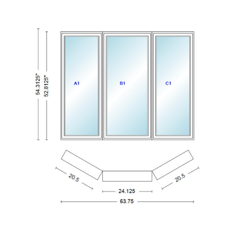 Andersen 400 Series Casement Bay Window Left-Stationary-Right 63 3/4" Wide Casement With Casement Flankers 30 Degree Angle Of Deflection Vinyl Exterior Wood Interior Low-E4 Dual Pane Argon Gas
