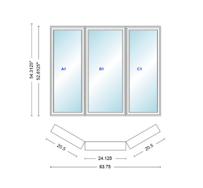 Andersen 400 Series Casement Bay Window Left-Stationary-Right 63 3/4" Wide Casement With Casement Flankers 30 Degree Angle Of Deflection Vinyl Exterior Wood Interior Low-E4 Dual Pane Argon Gas