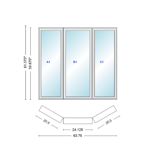 Andersen 400 Series Casement Bay Window Left-Stationary-Right 63 3/4" Wide Casement With Casement Flankers 30 Degree Angle Of Deflection Vinyl Exterior Wood Interior Low-E4 Dual Pane Argon Gas