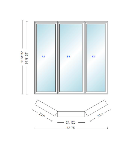 Andersen 400 Series Casement Bay Window Left-Stationary-Right 63 3/4" Wide Casement With Casement Flankers 30 Degree Angle Of Deflection Vinyl Exterior Wood Interior Low-E4 Dual Pane Argon Gas