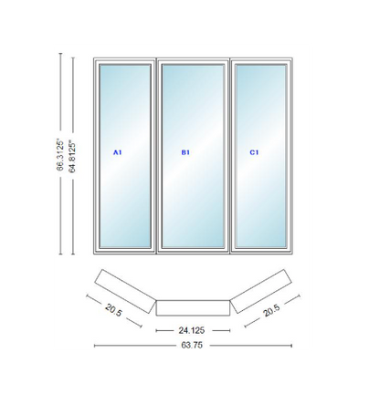 Andersen 400 Series Casement Bay Window Left-Stationary-Right 63 3/4" Wide Casement With Casement Flankers 30 Degree Angle Of Deflection Vinyl Exterior Wood Interior Low-E4 Dual Pane Argon Gas