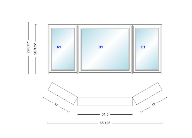 Andersen 400 Series Casement Bay Window Left-Stationary-Right 65 1/8" Wide Casement With Casement Flankers 30 Degree Angle Of Deflection Vinyl Exterior Wood Interior Low-E4 Dual Pane Argon Gas