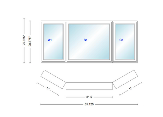 Andersen 400 Series Casement Bay Window Left-Stationary-Right 65 1/8" Wide Casement With Casement Flankers 30 Degree Angle Of Deflection Vinyl Exterior Wood Interior Low-E4 Dual Pane Argon Gas