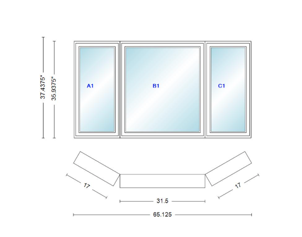 Andersen 400 Series Casement Bay Window Left-Stationary-Right 65 1/8" Wide Casement With Casement Flankers 30 Degree Angle Of Deflection Vinyl Exterior Wood Interior Low-E4 Dual Pane Argon Gas