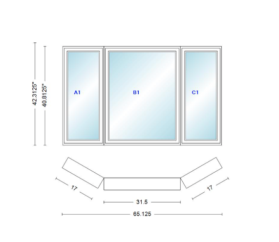 Andersen 400 Series Casement Bay Window Left-Stationary-Right 65 1/8" Wide Casement With Casement Flankers 30 Degree Angle Of Deflection Vinyl Exterior Wood Interior Low-E4 Dual Pane Argon Gas