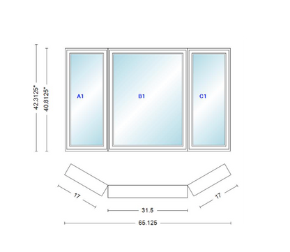 Andersen 400 Series Casement Bay Window Left-Stationary-Right 65 1/8" Wide Casement With Casement Flankers 30 Degree Angle Of Deflection Vinyl Exterior Wood Interior Low-E4 Dual Pane Argon Gas