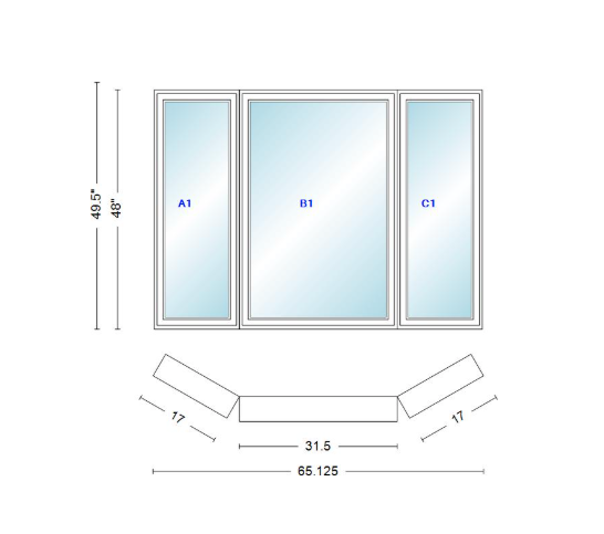 Andersen 400 Series Casement Bay Window Left-Stationary-Right 65 1/8" Wide Casement With Casement Flankers 30 Degree Angle Of Deflection Vinyl Exterior Wood Interior Low-E4 Dual Pane Argon Gas