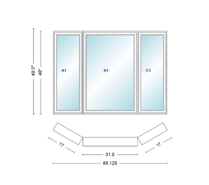Andersen 400 Series Casement Bay Window Left-Stationary-Right 65 1/8" Wide Casement With Casement Flankers 30 Degree Angle Of Deflection Vinyl Exterior Wood Interior Low-E4 Dual Pane Argon Gas