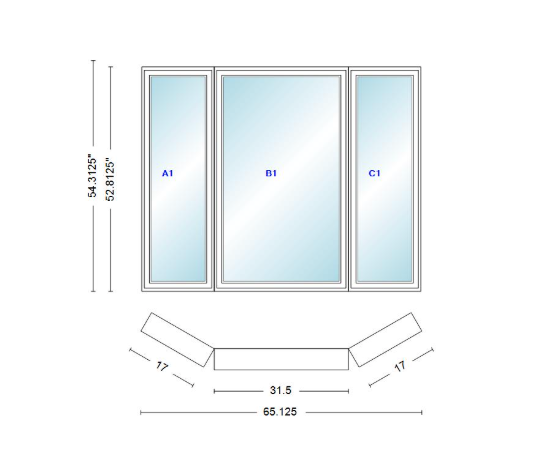 Andersen 400 Series Casement Bay Window Left-Stationary-Right 65 1/8" Wide Casement With Casement Flankers 30 Degree Angle Of Deflection Vinyl Exterior Wood Interior Low-E4 Dual Pane Argon Gas