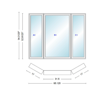 Andersen 400 Series Casement Bay Window Left-Stationary-Right 65 1/8" Wide Casement With Casement Flankers 30 Degree Angle Of Deflection Vinyl Exterior Wood Interior Low-E4 Dual Pane Argon Gas