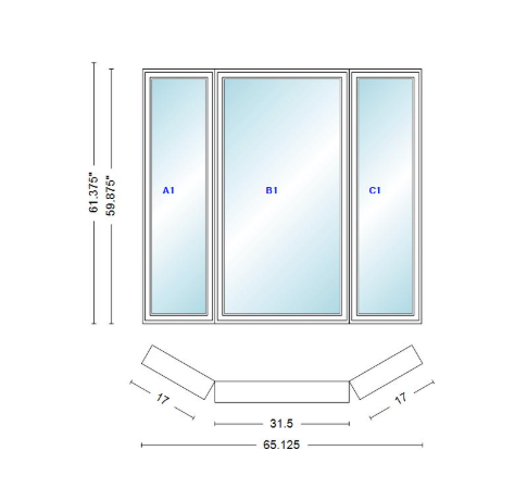 Andersen 400 Series Casement Bay Window Left-Stationary-Right 65 1/8" Wide Casement With Casement Flankers 30 Degree Angle Of Deflection Vinyl Exterior Wood Interior Low-E4 Dual Pane Argon Gas