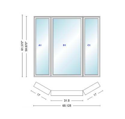 Andersen 400 Series Casement Bay Window Left-Stationary-Right 65 1/8" Wide Casement With Casement Flankers 30 Degree Angle Of Deflection Vinyl Exterior Wood Interior Low-E4 Dual Pane Argon Gas