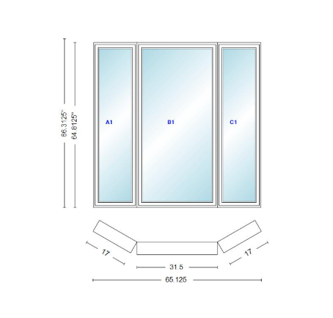 Andersen 400 Series Casement Bay Window Left-Stationary-Right 65 1/8" Wide Casement With Casement Flankers 30 Degree Angle Of Deflection Vinyl Exterior Wood Interior Low-E4 Dual Pane Argon Gas