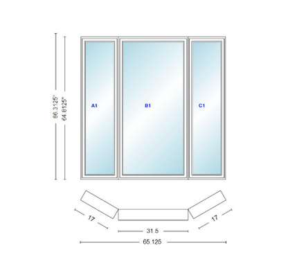 Andersen 400 Series Casement Bay Window Left-Stationary-Right 65 1/8" Wide Casement With Casement Flankers 30 Degree Angle Of Deflection Vinyl Exterior Wood Interior Low-E4 Dual Pane Argon Gas