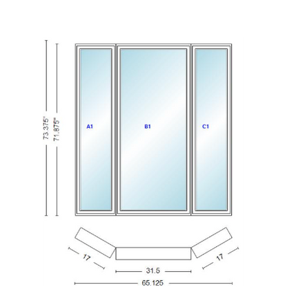 Andersen 400 Series Casement Bay Window Left-Stationary-Right 65 1/8" Wide Casement With Casement Flankers 30 Degree Angle Of Deflection Vinyl Exterior Wood Interior Low-E4 Dual Pane Argon Gas