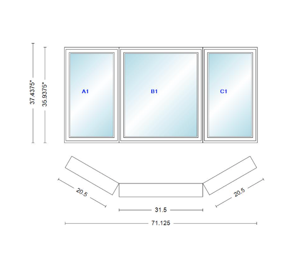Andersen 400 Series Casement Bay Window Left-Stationary-Right 71 1/8" Wide Casement With Casement Flankers 30 Degree Angle Of Deflection Vinyl Exterior Wood Interior Low-E4 Dual Pane Argon Gas
