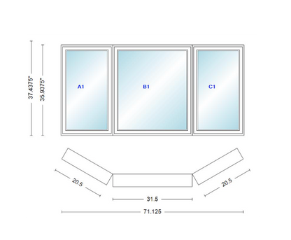 Andersen 400 Series Casement Bay Window Left-Stationary-Right 71 1/8" Wide Casement With Casement Flankers 30 Degree Angle Of Deflection Vinyl Exterior Wood Interior Low-E4 Dual Pane Argon Gas