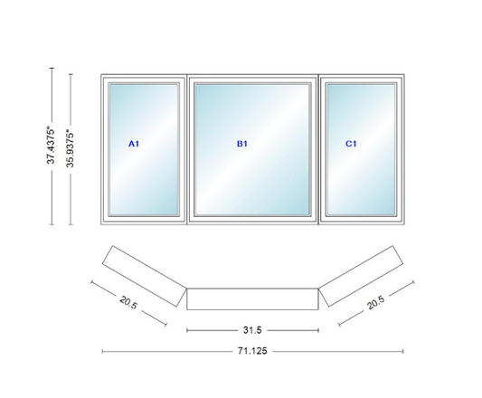 Andersen 400 Series Casement Bay Window Left-Stationary-Right 71 1/8" Wide Casement With Casement Flankers 30 Degree Angle Of Deflection Vinyl Exterior Wood Interior Low-E4 Dual Pane Argon Gas