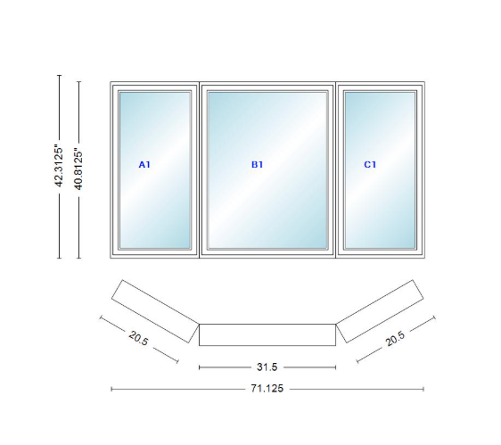 Andersen 400 Series Casement Bay Window Left-Stationary-Right 71 1/8" Wide Casement With Casement Flankers 30 Degree Angle Of Deflection Vinyl Exterior Wood Interior Low-E4 Dual Pane Argon Gas