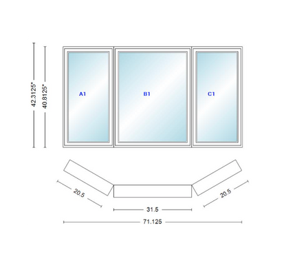 Andersen 400 Series Casement Bay Window Left-Stationary-Right 71 1/8" Wide Casement With Casement Flankers 30 Degree Angle Of Deflection Vinyl Exterior Wood Interior Low-E4 Dual Pane Argon Gas