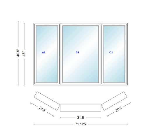 Andersen 400 Series Casement Bay Window Left-Stationary-Right 71 1/8" Wide Casement With Casement Flankers 30 Degree Angle Of Deflection Vinyl Exterior Wood Interior Low-E4 Dual Pane Argon Gas
