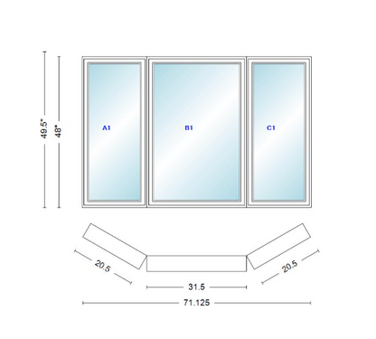 Andersen 400 Series Casement Bay Window Left-Stationary-Right 71 1/8" Wide Casement With Casement Flankers 30 Degree Angle Of Deflection Vinyl Exterior Wood Interior Low-E4 Dual Pane Argon Gas