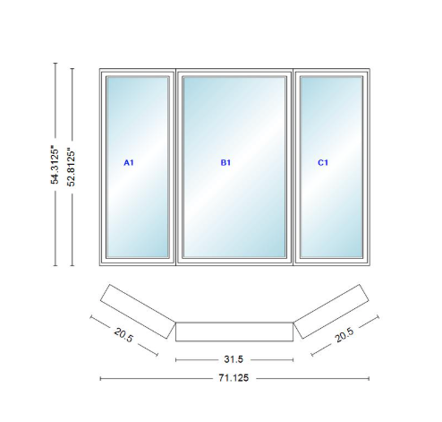 Andersen 400 Series Casement Bay Window Left-Stationary-Right 71 1/8" Wide Casement With Casement Flankers 30 Degree Angle Of Deflection Vinyl Exterior Wood Interior Low-E4 Dual Pane Argon Gas
