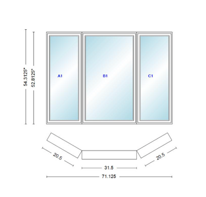 Andersen 400 Series Casement Bay Window Left-Stationary-Right 71 1/8" Wide Casement With Casement Flankers 30 Degree Angle Of Deflection Vinyl Exterior Wood Interior Low-E4 Dual Pane Argon Gas