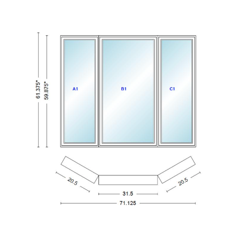 Andersen 400 Series Casement Bay Window Left-Stationary-Right 71 1/8" Wide Casement With Casement Flankers 30 Degree Angle Of Deflection Vinyl Exterior Wood Interior Low-E4 Dual Pane Argon Gas