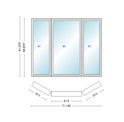 Andersen 400 Series Casement Bay Window Left-Stationary-Right 71 1/8" Wide Casement With Casement Flankers 30 Degree Angle Of Deflection Vinyl Exterior Wood Interior Low-E4 Dual Pane Argon Gas