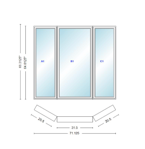 Andersen 400 Series Casement Bay Window Left-Stationary-Right 71 1/8" Wide Casement With Casement Flankers 30 Degree Angle Of Deflection Vinyl Exterior Wood Interior Low-E4 Dual Pane Argon Gas