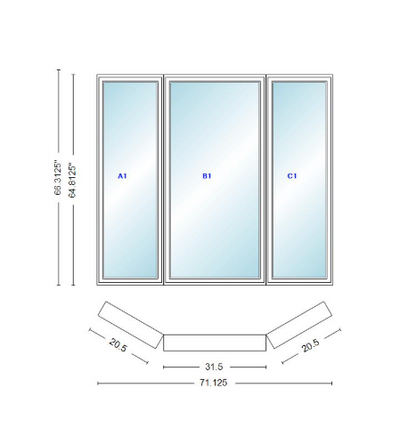 Andersen 400 Series Casement Bay Window Left-Stationary-Right 71 1/8" Wide Casement With Casement Flankers 30 Degree Angle Of Deflection Vinyl Exterior Wood Interior Low-E4 Dual Pane Argon Gas