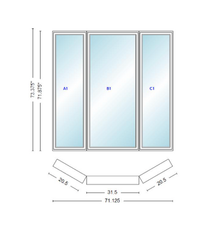 Andersen 400 Series Casement Bay Window Left-Stationary-Right 71 1/8" Wide Casement With Casement Flankers 30 Degree Angle Of Deflection Vinyl Exterior Wood Interior Low-E4 Dual Pane Argon Gas