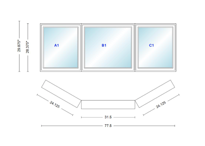 Andersen 400 Series Casement Bay Window Left-Stationary-Right 77 1/2" Wide Casement With Casement Flankers 30 Degree Angle Of Deflection Vinyl Exterior Wood Interior Low-E4 Dual Pane Argon Gas
