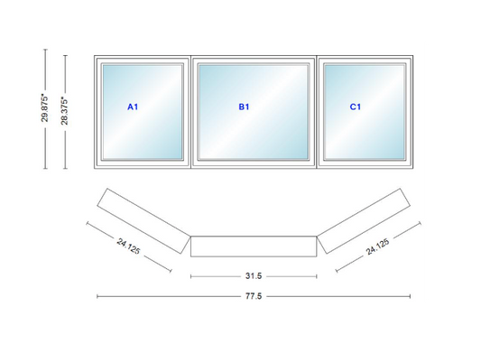 Andersen 400 Series Casement Bay Window Left-Stationary-Right 77 1/2" Wide Casement With Casement Flankers 30 Degree Angle Of Deflection Vinyl Exterior Wood Interior Low-E4 Dual Pane Argon Gas