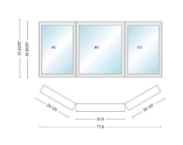 Andersen 400 Series Casement Bay Window Left-Stationary-Right 77 1/2" Wide Casement With Casement Flankers 30 Degree Angle Of Deflection Vinyl Exterior Wood Interior Low-E4 Dual Pane Argon Gas
