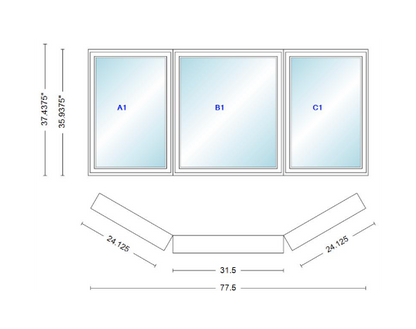 Andersen 400 Series Casement Bay Window Left-Stationary-Right 77 1/2" Wide Casement With Casement Flankers 30 Degree Angle Of Deflection Vinyl Exterior Wood Interior Low-E4 Dual Pane Argon Gas
