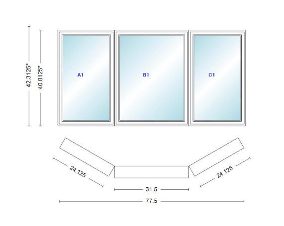 Andersen 400 Series Casement Bay Window Left-Stationary-Right 77 1/2" Wide Casement With Casement Flankers 30 Degree Angle Of Deflection Vinyl Exterior Wood Interior Low-E4 Dual Pane Argon Gas