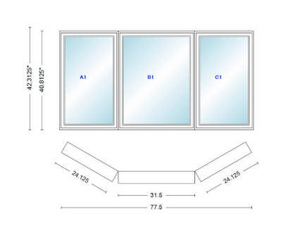 Andersen 400 Series Casement Bay Window Left-Stationary-Right 77 1/2" Wide Casement With Casement Flankers 30 Degree Angle Of Deflection Vinyl Exterior Wood Interior Low-E4 Dual Pane Argon Gas