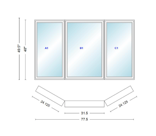 Andersen 400 Series Casement Bay Window Left-Stationary-Right 77 1/2" Wide Casement With Casement Flankers 30 Degree Angle Of Deflection Vinyl Exterior Wood Interior Low-E4 Dual Pane Argon Gas