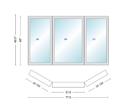 Andersen 400 Series Casement Bay Window Left-Stationary-Right 77 1/2" Wide Casement With Casement Flankers 30 Degree Angle Of Deflection Vinyl Exterior Wood Interior Low-E4 Dual Pane Argon Gas