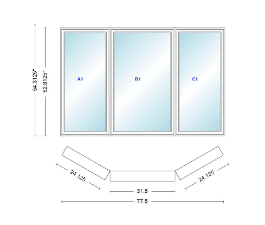 Andersen 400 Series Casement Bay Window Left-Stationary-Right 77 1/2" Wide Casement With Casement Flankers 30 Degree Angle Of Deflection Vinyl Exterior Wood Interior Low-E4 Dual Pane Argon Gas